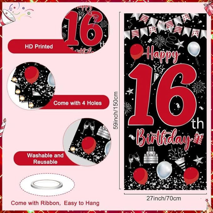 16th Birthday Decorations for Boys Girls, Red Black Happy 16th Birthday Boy Decorations Door Banner, Sweet 16 Birthday Party Balloons Decoration Large 16 Balloons Triangle Flag Decor for 16 Year Old