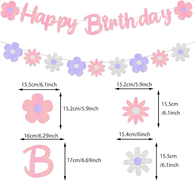 Zwiebeco Pink Floral Happy Birthday Banner Bunting Garland Hanging Paper Party Decoration Supplies for Spring Summer Wildflower Boys Girls Kids Baby Shower Bday Decor Accessories Supplies