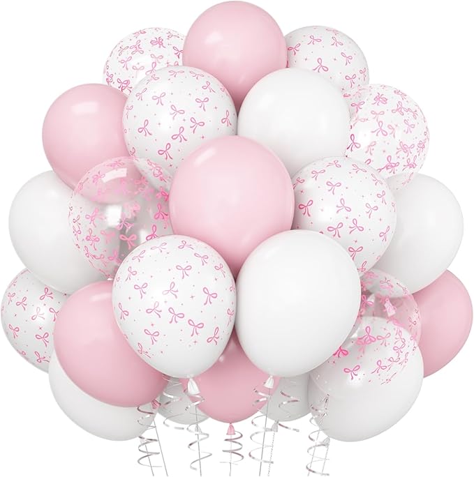 Pink Bow Balloons Light Pink and White Balloon 12inch Clear Bow Balloons Coquette Girls Birthday Party Decorations Latex Helium Balloon for Arch Bridal Shower Bachelorette Weddiing Decor