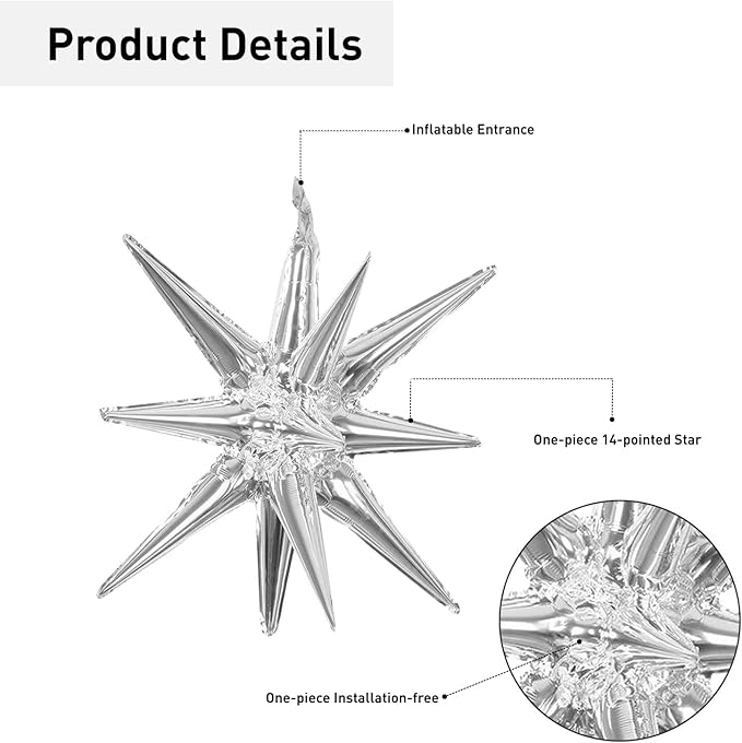 6 Pcs Silver Star Foil Balloons One-Piece 14-Pointed Star Balloon 4D Starburst Cone Mylar Balloon 22inch Christmas Birthday Wedding Wedding Anniversary Party Supplies(Silver)