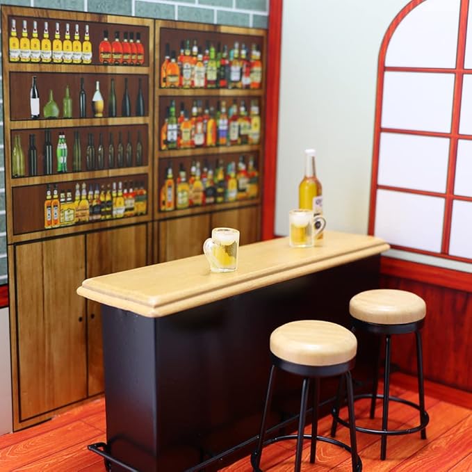 Dollhouse Furniture Metal Bar Table & Chair with Wood Top Pub Set 1:12 Scale Miniature Accessories Bar Counter Stool Mini Dining Coffee Table Model Layout Props Desktop Decor