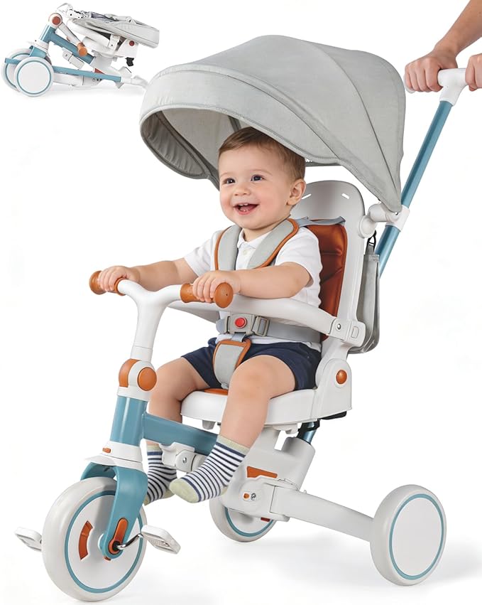 7-in-1 Tricycle for Toddlers 1-3 Years, Foldable Baby Trike Stroller with Steering Push Handle, Gift for Boys Girls 12 Months to 6 Years- Blue