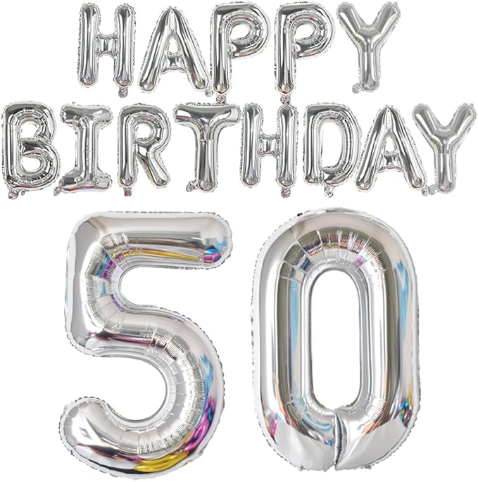 Happy Birthday Balloon Banner 40 inch 50 Balloon Number 16 Inch Happy Birthday Letters Balloons Silver Foil Mylar Balloons for Women and Man 50th Birthday Decorations Party Supplies