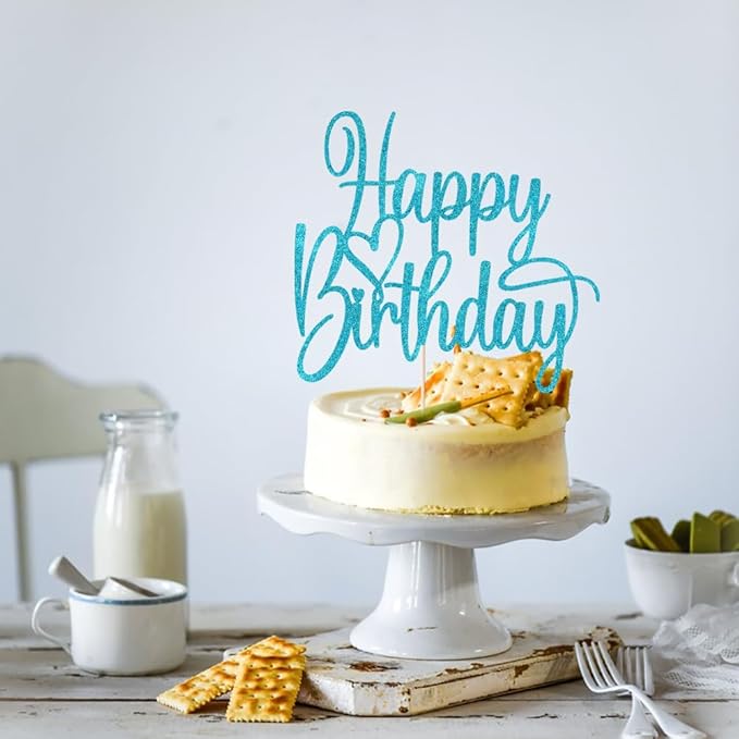 Handmade Glitter Happy Birthday Cake Topper- Happy Birthday Cake Decor,Fabulous Cake Decoration，Anniversary/Birthday Party Decoration Supplies (blue)