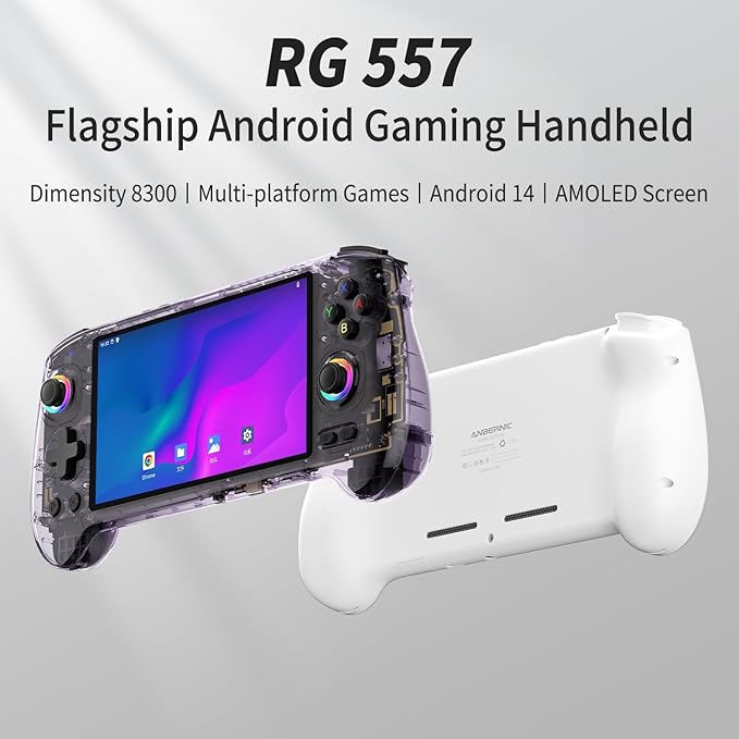 RG557 Retro Handheld Game Console , 5.48 Inch AMOLED Screen Handheld Emulator Android 14 System Dimensity 8300 Processor Support WiFi 6E Bluetooth 5.3(Transparent Purple)