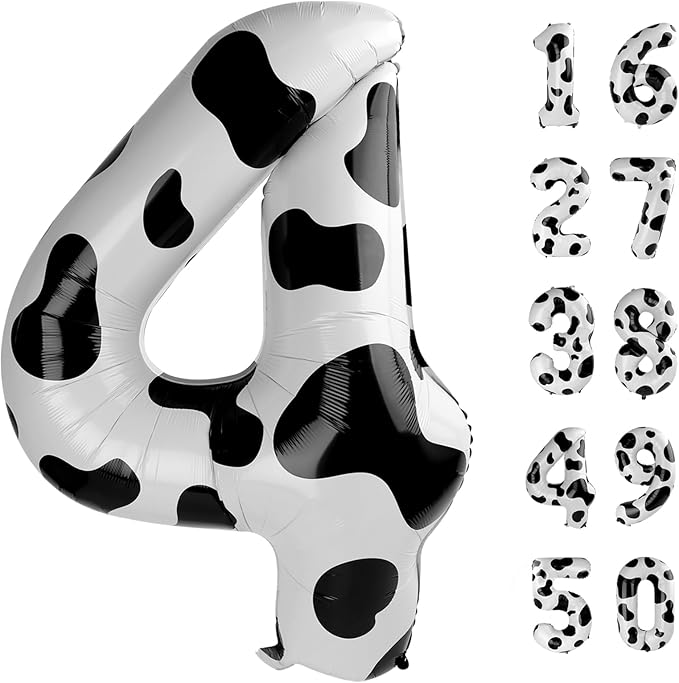 40 Inch Large 4 Balloon Numbers Cow Print Big Foil Number Balloons Giant Helium Happy 14th 24th Birthday Party Decorations for Man and Women, Huge Mylar Anniversary Party Supplies
