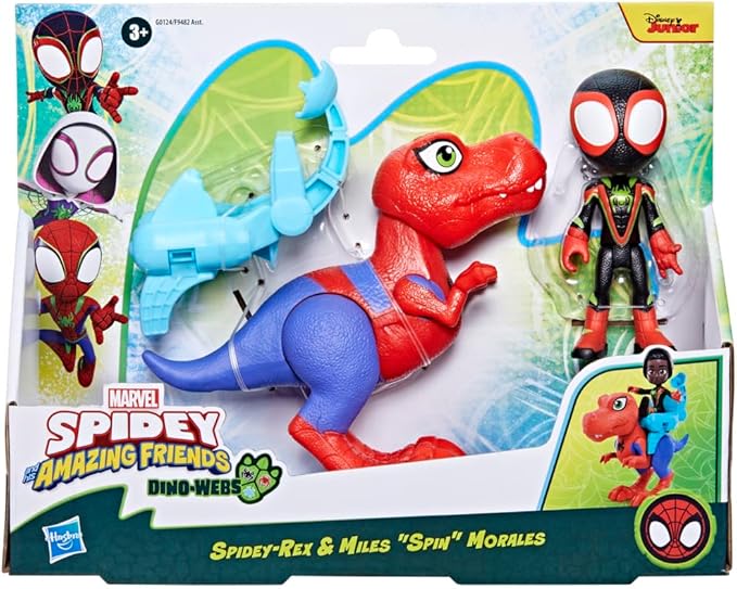 Marvel Spidey and His Amazing Friends Dino-Webs Spidey-Rex & Miles “Spin” Morales 4-inch-Scale Spider-Man Action Figure Set, Toys for Kids