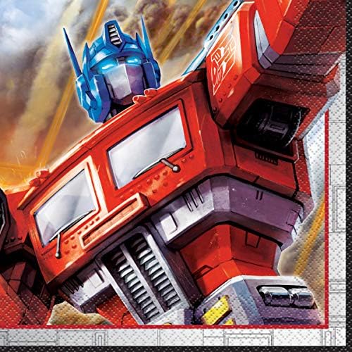 Transformers Birthday Party Supplies Bundle Set includes 16 Lunch Plates, 16 Napkins, 1 Table Cover, 1 Dinosaur Sticker Sheet (Serves 16)