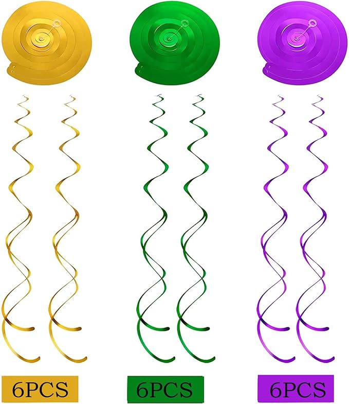 Mardi Gras Hanging Swirl Decorations - 36Pcs Mardi Gras Crown Mask Ceiling Hanging for Masquerade Party Decorations Gold Green Purple Foil Swirl New Orleans Celebration Mardi Gras Party Supplies