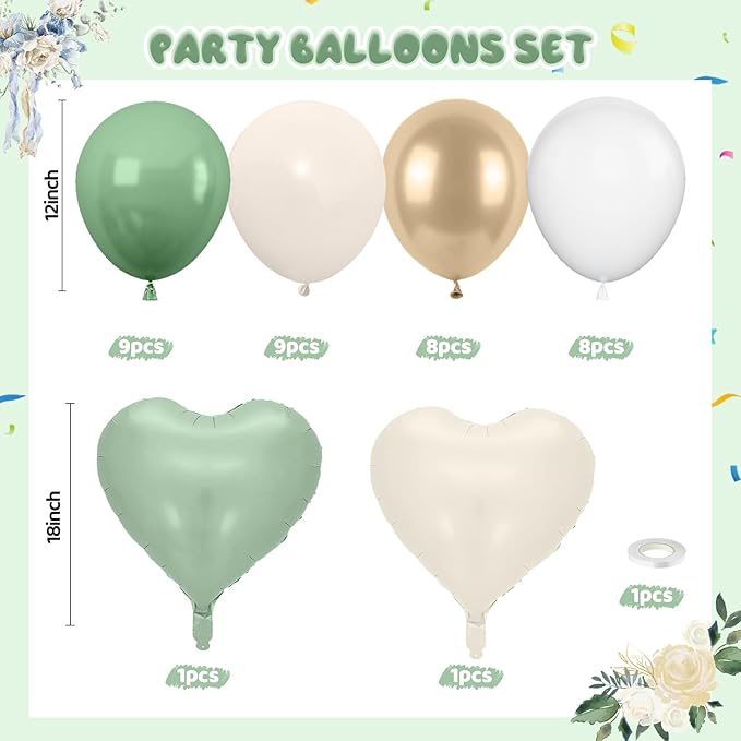 Sage green Gold Balloons, 12inch Sage green Sand White Metallic Gold Confetti Balloons with Star Foil Balloon for Netural Boho Birthday Wedding Bridal Engagement Party Decorations
