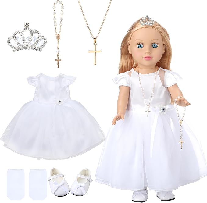 7 Pcs 18 Inches American Doll Clothes Outfit First Communion Dress with Matching Headband Veil Bracelet Shoes Socks Necklaces Fit 18 Inches Dolls, Doll Not Included(Crown)