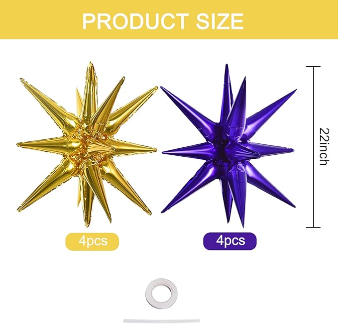 TONIFUL 8 Pcs Purple Gold Foil Balloons Large Star Balloons Explosion Star Mylar Balloons for Party Backdrop Christmas New Year Birthday Wedding Baby Shower Graduation Anniversary Photo Booth Supplies
