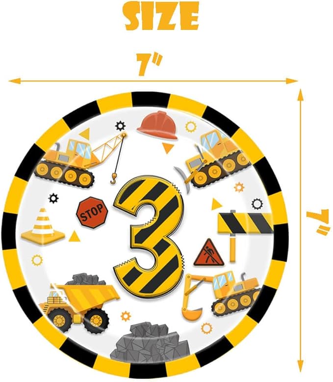 51 Pcs Construction 3rd Birthday Party Supplies Dump Truck Three Years Old Tablecloth Paper Plates Napkins Forks Dinnerware for Construction 3rd Birthday Party Supplies Decorations