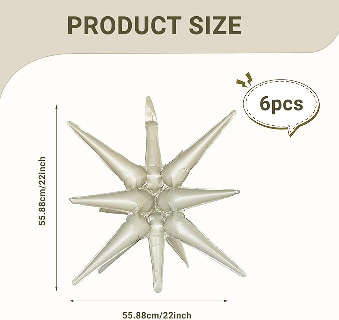 6 Pcs Cream Color Star Foil Balloons One-Piece 14-Pointed Star Balloon 4D Starburst Cone Mylar Balloon 22inch Christmas Birthday Wedding Wedding Anniversary Party Supplies(Cream Color)