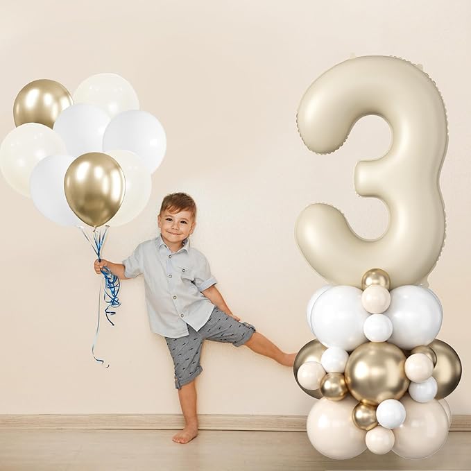 40 Inch Cream Number 3 Balloon for 3rd Birthday Decoration Beige White Sand Number Three Foil Balloon Tower Giant Large Nude Neutral Digit Helium Balloons Stack for Girls Third Anniversary Party