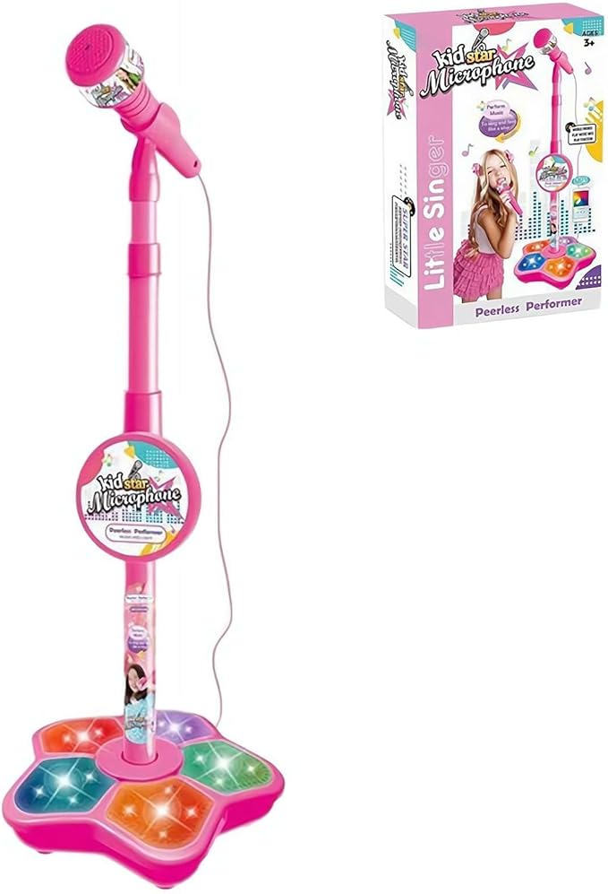 Kids Karaoke Machine with Stand,Rechargeable Karaoke Machine Toys with 2 Wireless Mic,Kids Microphone with Flashing Stage Lights Adjustable Stand Gift for Age 3+ Years Old Children (Pink, One Size)