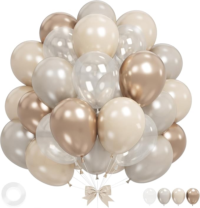 Beige White Gold Balloons,12 Inchs Sand White Metallic Champagne Clear Bride Balloons for Girls Wedding Anniversary Bachelorette Party Boho Bridal Shower Birthday Decorations