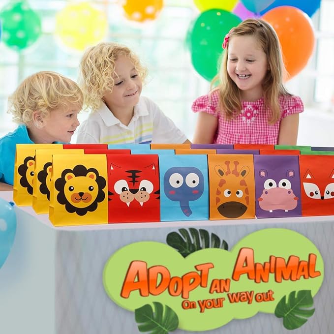 Mocoosy 24 Pack Animal Party Favor Bags, Goodie Bags for Kids Birthday, Small Gift Bags Bulk Paper Treat Bags for Toddler Baby Shower Party Supplies School Classroom Loot Bags for Girls Boys