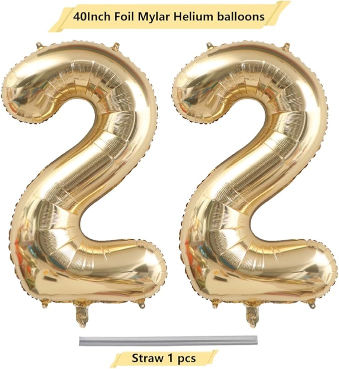 40 Inch Light Gold 22 Number Balloons White Gold Giant 22 Foil Mylar Helium Large Digital Balloon Champagne Gold Birthday Numbers Jumbo Balloons 22nd Anniversary Party Decorations Supplies