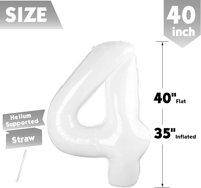 40 Inch White Number 4 Balloon, Giant 4 Number Balloons for 4th Birthday Decorations, Party Supplies for Baby Boy Girl, White Party Decor