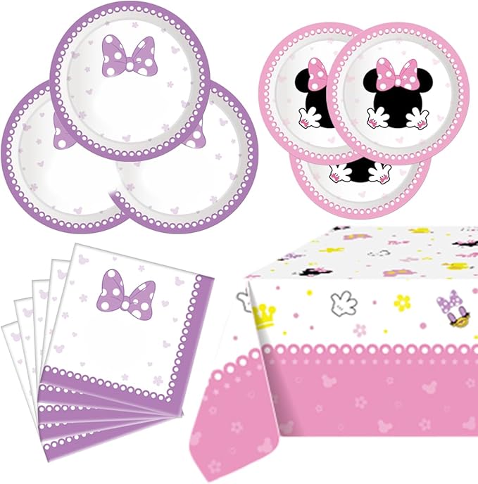 Party Tableware For Cute Mouse,16 pcs Paper Plates (8pcs 9 inch and 8pcs 7inch)-20 Napkin and Table Cloth 86” x 52”,Girl Cute Mouse Birthday Party Decorate Supplies