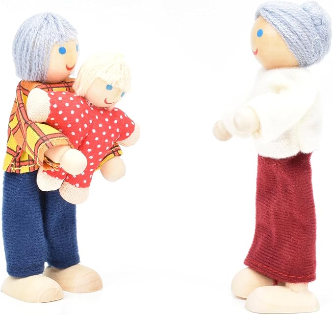 Wooden Doll House People of 7 Miniature Figures and 2 Pets, Dollhouse Dolls Family Set Accessories for Girls Toddler Kids Pretend Play and Imaginative Fun