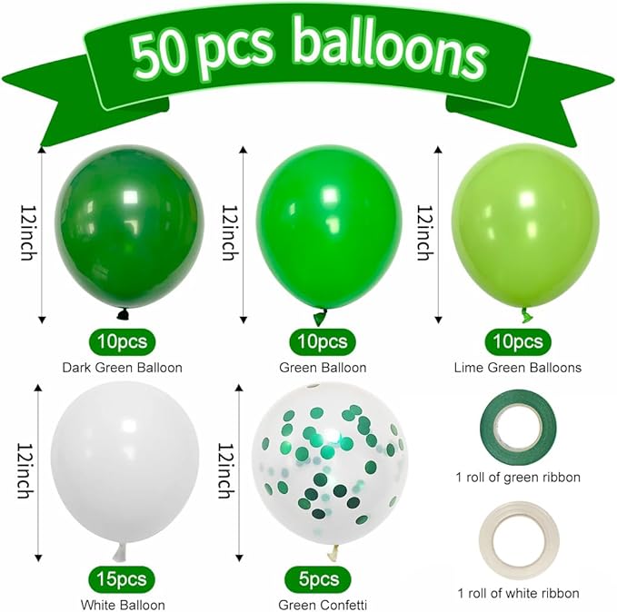 Green Balloons Dark Green Balloon Set, 50 Pcs 12 inch Different Shades Emerald Green Lime Green Confetti Latex Balloons For Jungle Safari Party Supplies St. Patrick's Day Decoration