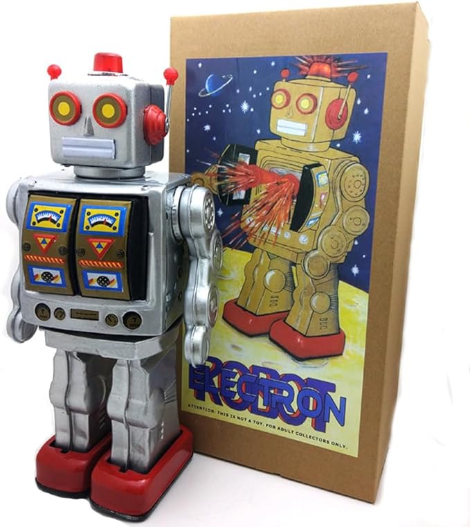 Charmgle Retro Tin Toys Walking Robot, Electric Rotating Desk Robot with Gun Fire Sound, Adult Collection Birthday Gifts Party Favor Handmade Robots Silver