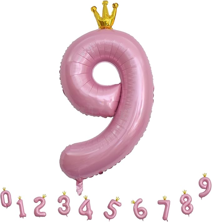 40 Inch Number 9 Balloons, Pink Crown Giant 9th Birthday Party Number Balloons 0-9 Set, Self Inflating Balloons for Girls Women 35th Birthday Party Decor Anniversary Party Decoration Supplies
