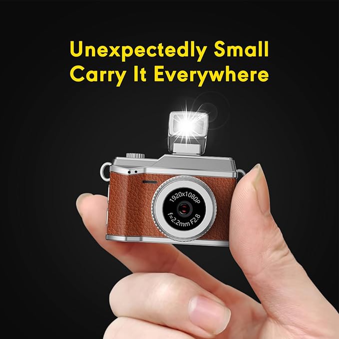Bewinner Tiny Digital Keychain Camera, 1080P FHD 8MP Thumb Sized with 0.96 Inch Color Screen & 32GB Memory Card, LED Fill Light for Beginners Teens Kids Gifts (Vintage Brown)