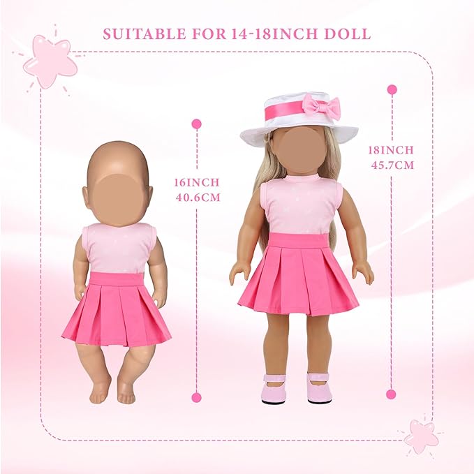 18 Inch Doll Clothes and Accessories, 8 Pcs Girl American Doll Clothing Includes Blazer Vest Pleated Skirt Hat Scarf Handbag Shoes Mobile Phone Travel Gear Play Set Birthday Gift for Age 3 4 5 6 Girls