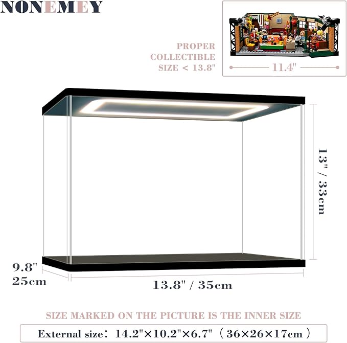 NONEMEY Acrylic Display Case with Led Light for Lego ，Assemble Clear Acrylic Display Case Stand Dustproof Protection Showcase Organizer Box for Action Figures (13.8x10x6inch,35x25x15cm)