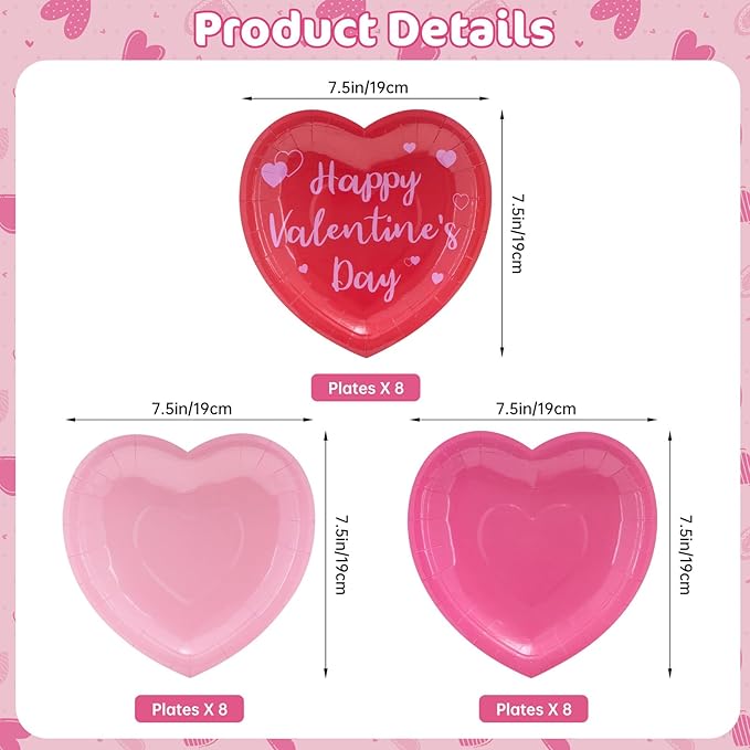 24 Pcs Happy Valentine's Day Plates - Red Pink Heart Shaped Paper Plates, Disposable Love Heart Dinner Dessert Plate Tableware for Valentines Day Anniversary Wedding Party Supplies, 7.5 x 7.5 Inch