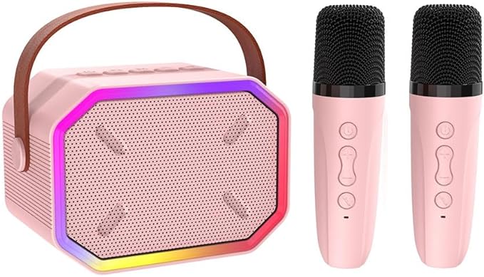 Karaoke Machine for Kids and Adults, Mini Portable Bluetooth Speaker with 2 Wireless Microphones and Lights for Girls Boys Family Home Party (Pinkcolor)