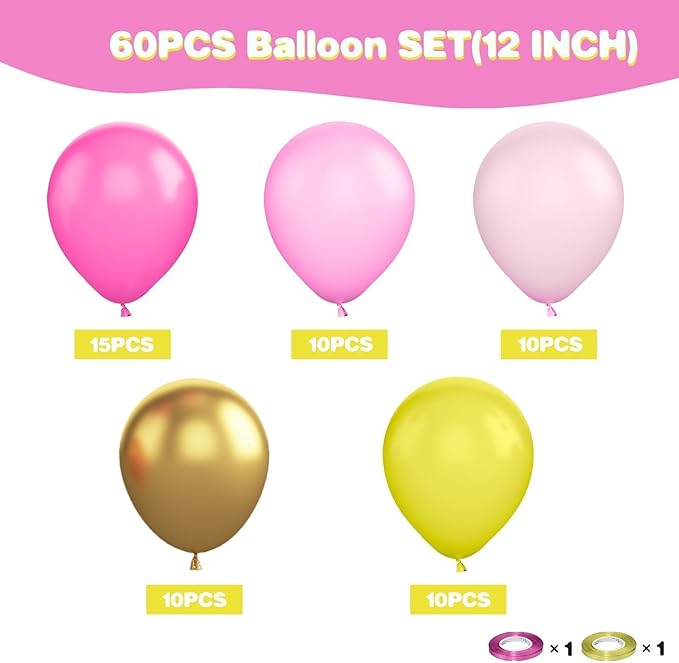 Yellow Pink Balloon, 60 Pcs 12 Inches Hot Pink Metallic Gold Balloons for Girls Peach Birthday Party Decorations Birthday Balloons Baby Shower Engagement Party Supplies