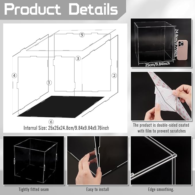 FINGERINSPIRE Clear Acrylic Display Case with Black Base & 4 Pcs Rubber Rings 10x10x10 Inch Cube Clear Self-Assembly Acrylic Box Dustproof Protection Showcase for Action Figures Collectibles Toys