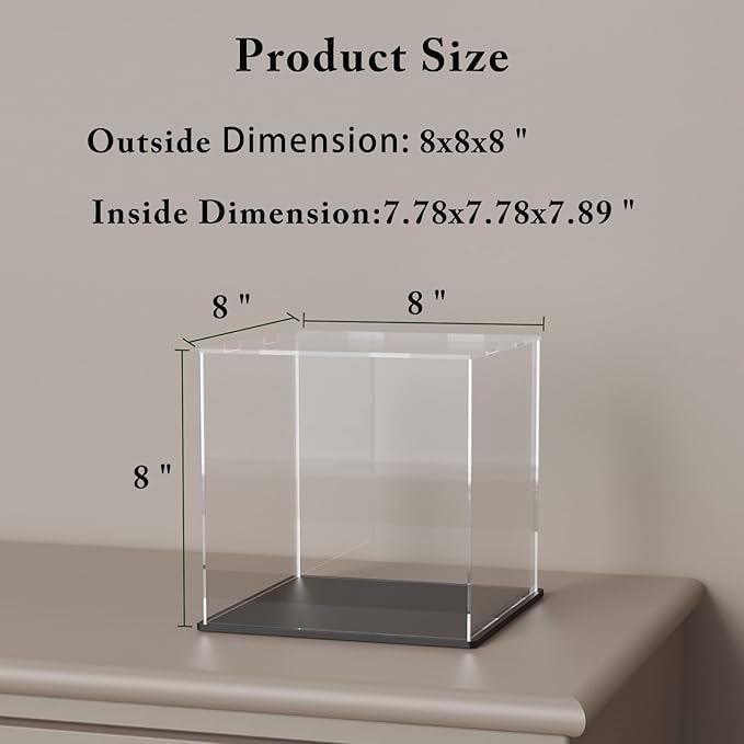 Clear Acrylic Display Case with Matt Black Base and Lid, Dust-Proof Acrylic Showcase, Cube Counter-Tops Box for Large Collectibles (8x8x8 inch)