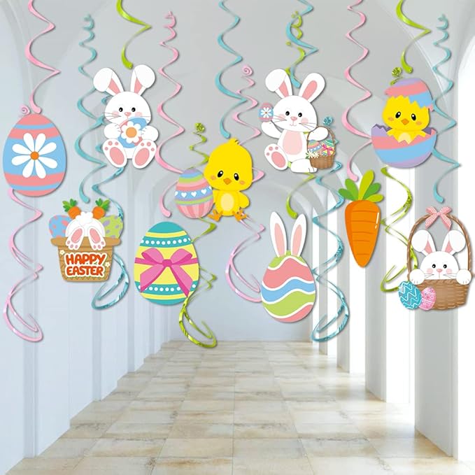 Easter Hanging Swirl Decorations 26pcs, Easter Decoration Egg Bunny Foil Swirl Ceiling Decor for Home Office School, Easter Party Ornaments Favor Supplies for Spring Party Birthday