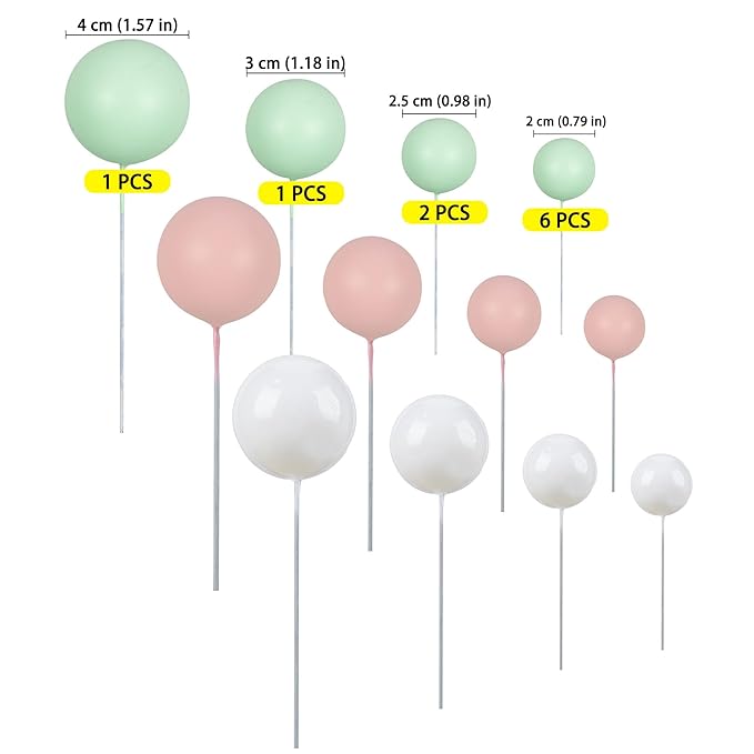 Gyufise 30Pcs Ball Cake Topper Decorations Mini Balloons Cake Topper Sticks Foam Balls Cake Picks Cake Topper Balls Cake Decorations for Wedding Party Birthday Cake Decorating White Green Pink