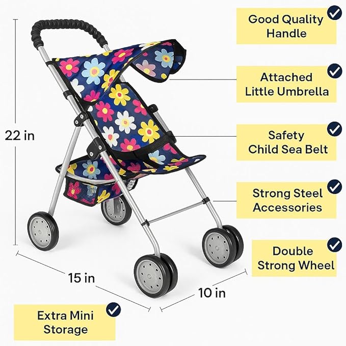 fash n kolor 4 Piece Baby Doll Play Set Flower Design Includes - Foldable Pack N Play, Baby Doll Stroller, Baby Doll High Chair, Infant Seat, Fits Up to 18'' Doll 4 Piece Doll Accessories Set