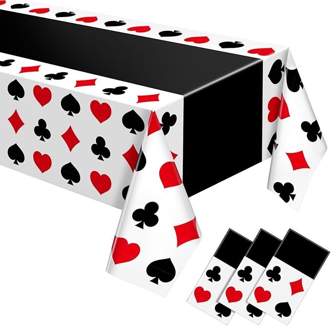 Hosuly 3 Pcs Casino Theme Party Decorations Poker Tablecloth Poker Plastic Disposable Table Cover Casino Theme Tablecloth for Game Birthday Playing Card Party Picnic Supplies, 51 x 108 Inch (Black)