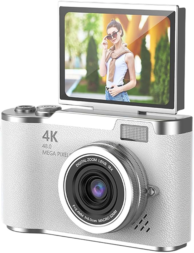 Denash Foldable Screen Kids and Beginners Camera,4K Digital Camera for Photography,48MP Digital Foldable Support 16X Zoom with Flip Scree (White)