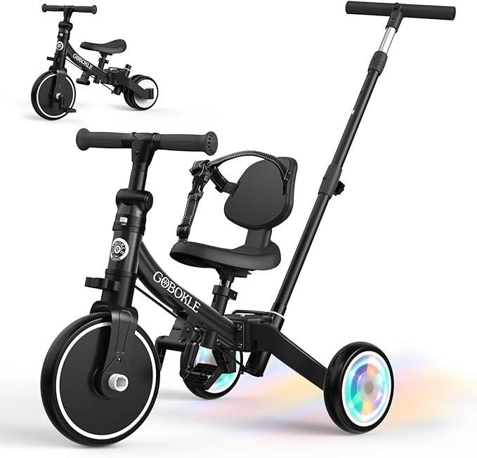 5-in-1 Tricycle for Toddlers 1-3, Convertible Toddler Bike with Push Handle & Removable Pedals, Balance Bike with Colorful Lighting Wheels, Adjustable Seat Height with Backrest (Black)