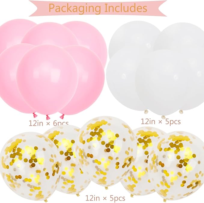 Happy Birthday Banner, Pink Birthday Decoration, 16 pcs 12 inch Happy Birthday Balloons with 2 Ribbons for Girl and Women Birthday Party Decoration