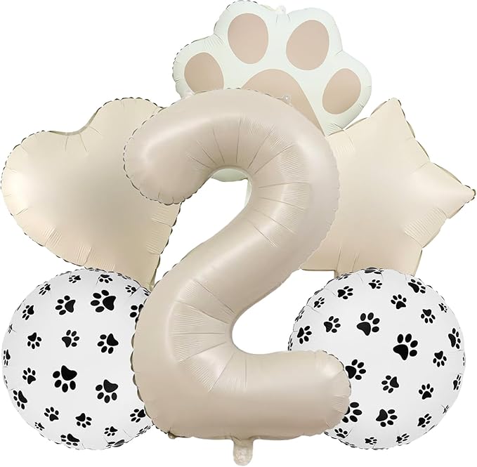 2nd Birthday Dog Paw Balloons Set,18'' Paw Prints, Heart,Star,Paw Shaped Foil Balloon 40''Cream Number 2 Helium balloons for Puppy Themed Baby Shower Second Birthday Party Decorations Supplies 6PCS