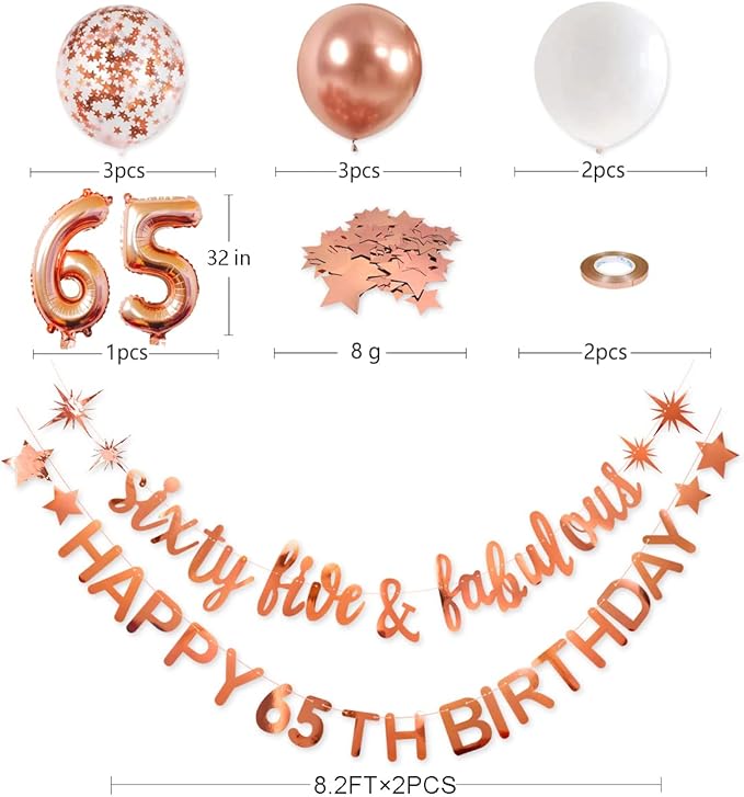 Rose Gold Sixty Five Fabulous Happy 65th Birthday Banner Garland Foil Balloon 65 for Women's 65th Decorations Hanging Cheers to 65 Years Old Party Supplies Backdrop
