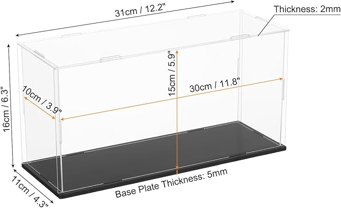 uxcell Acrylic Clear Display Case for Collectibles Self-Assemble Display Boxes Black Base Dustproof Countertop Storage Box for Collectibles Action Figures, 11.8 x 3.9 x 5.9 Inch