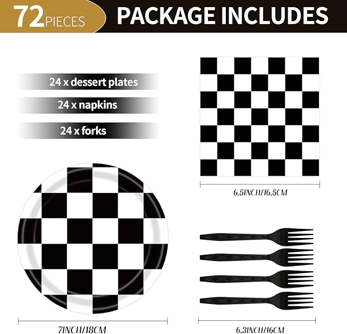 72Pcs Race Car Plates and Napkins, Black And White Checkered Flag Paper Plates and Napkins with Forks Disposable Tableware Set for Race Car Birthday Party Decorations