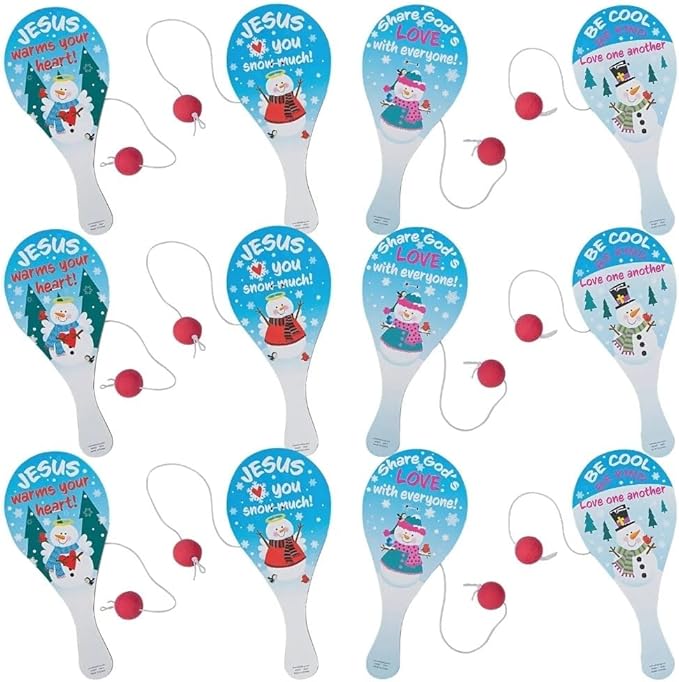 Fun Express 4" x 9" Religious Share God’s Love Snowman Wood Paddleball Games - 12 Pieces
