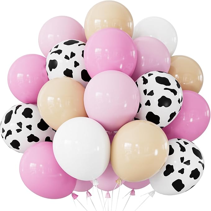 Cow Print Balloons, 12 Inch Pink Cow Balloons, 50PCS Pastel Pink, Nude & White Latex Balloon for Girl Baby Shower Birthday Farm Theme Party Decorations
